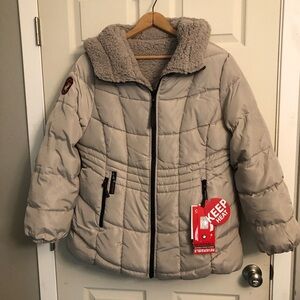 Women's Beige Puffer Jacket with Faux Fur Collar